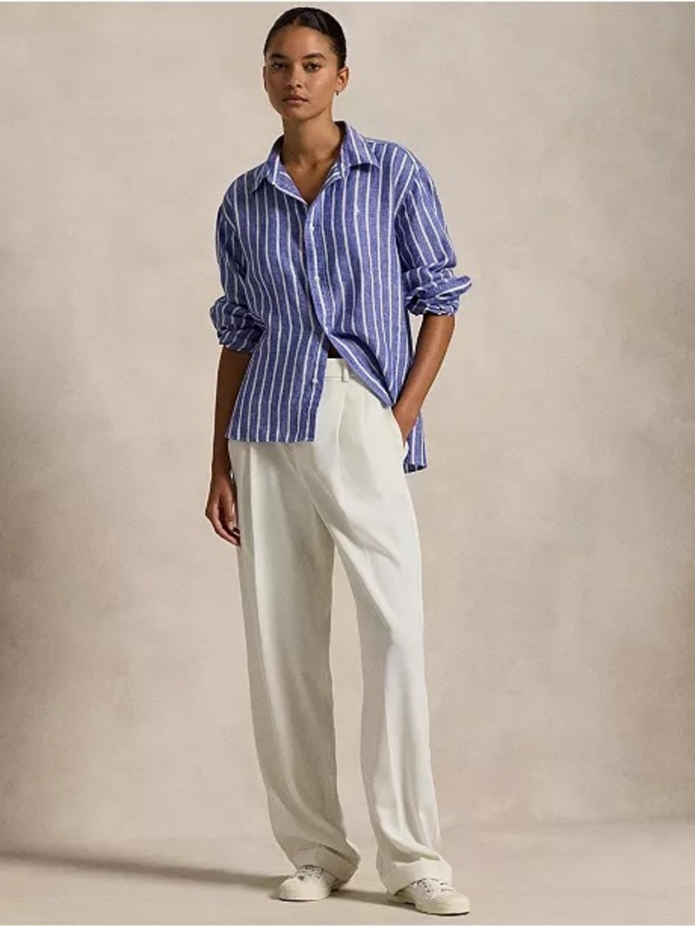 Polo Ralph Lauren Navy and White Vertical Stripe Linen Shirt